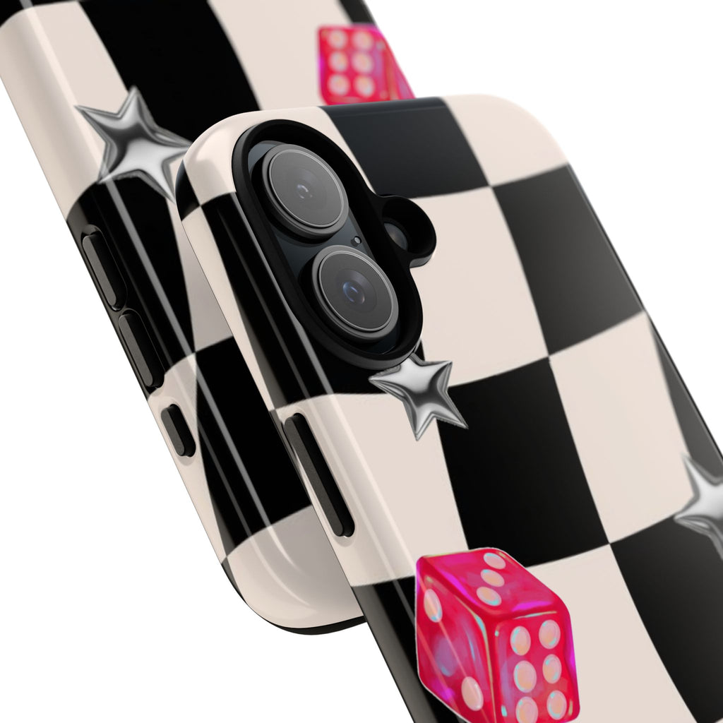 Black & White Checkerboard Dice — Retro Pink Dice & Silver Star iPhone Cover