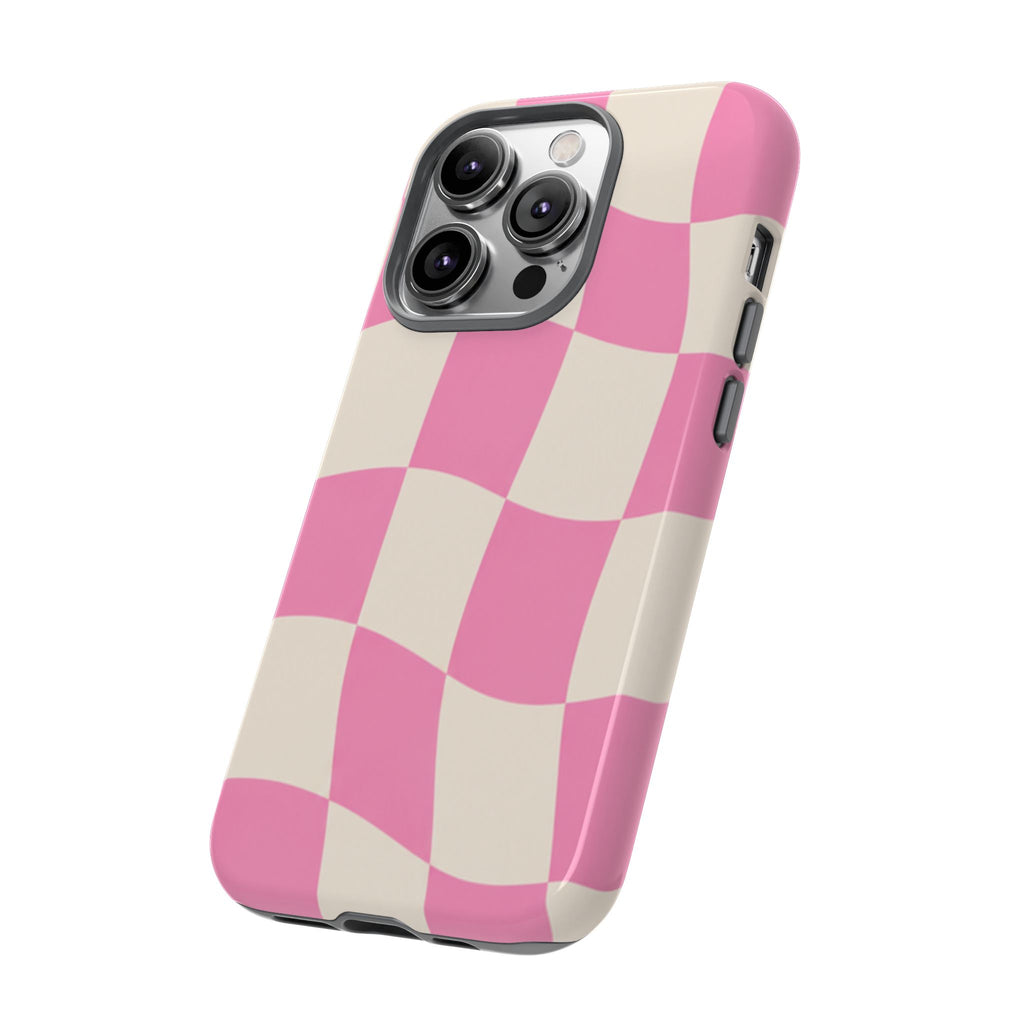 Pink Wavy Checkered Tough Phone Case — Retro Distorted Checkerboard Design