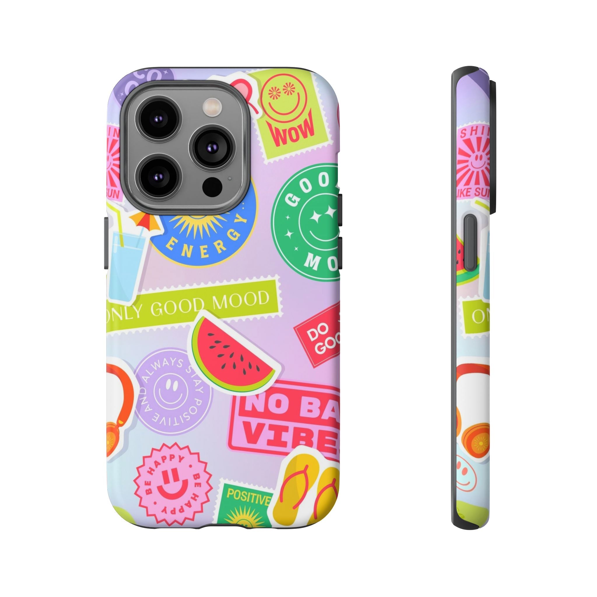 Good Vibes Only — Colorful Sticker Collage "No Bad Vibes" iPhone Case