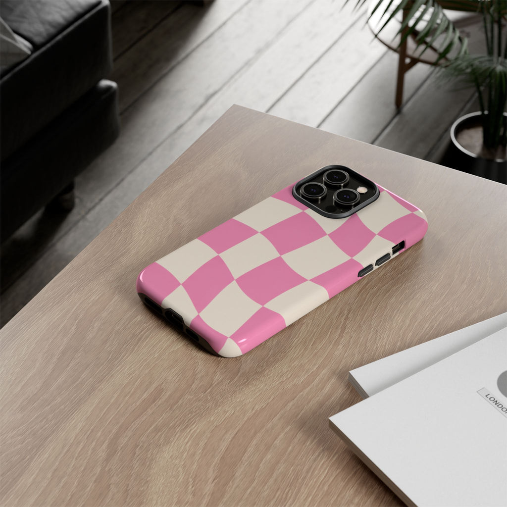 Pink Wavy Checkered Tough Phone Case — Retro Distorted Checkerboard Design