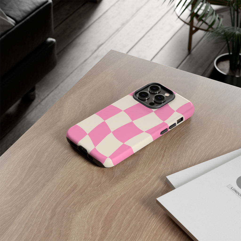 Pink Wavy Checkered Tough Phone Case — Retro Distorted Checkerboard Design