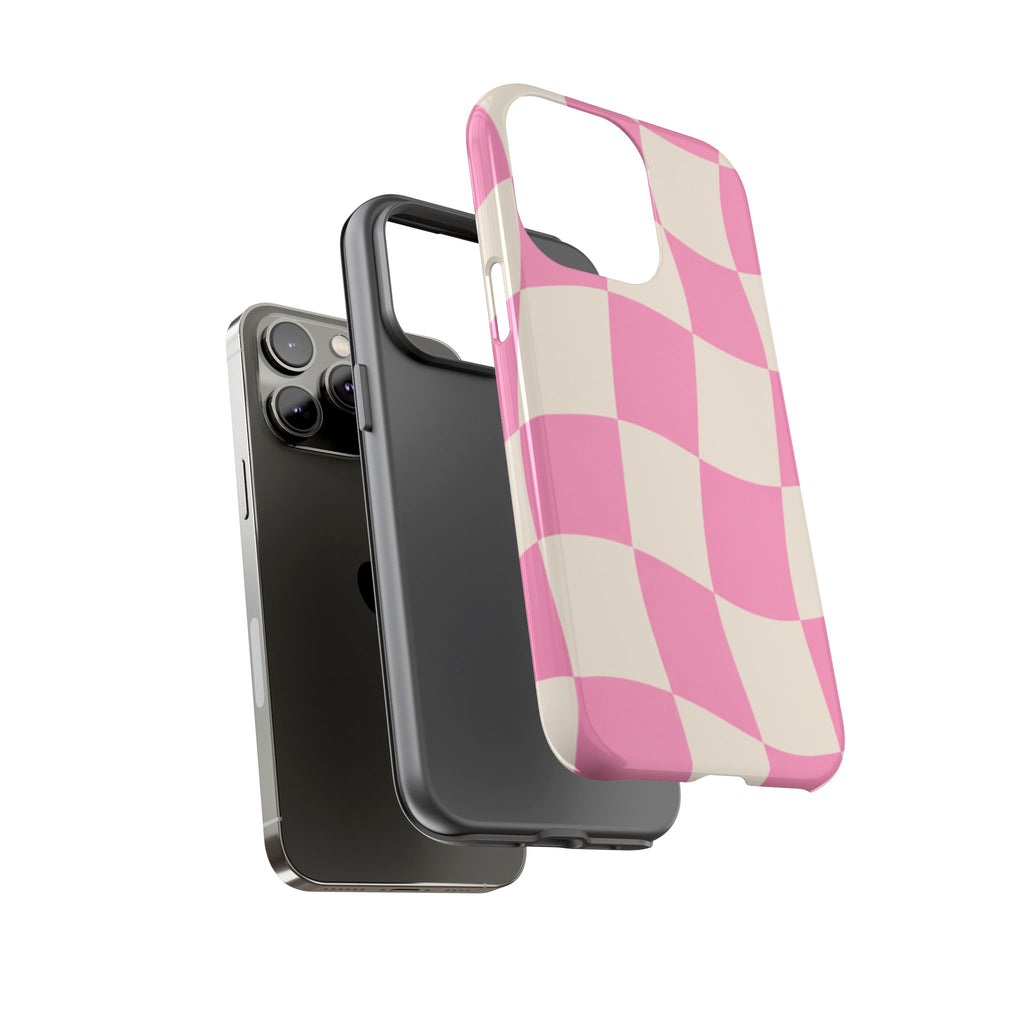 Pink Wavy Checkered Tough Phone Case — Retro Distorted Checkerboard Design