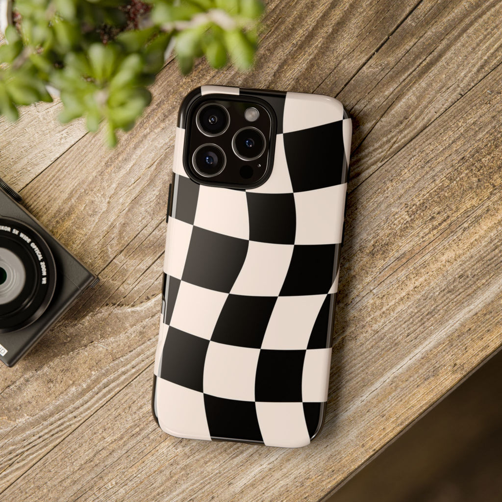 Black & White Wavy Checkered Phone Case — Black & Cream Retro Racing Pattern Tough Case