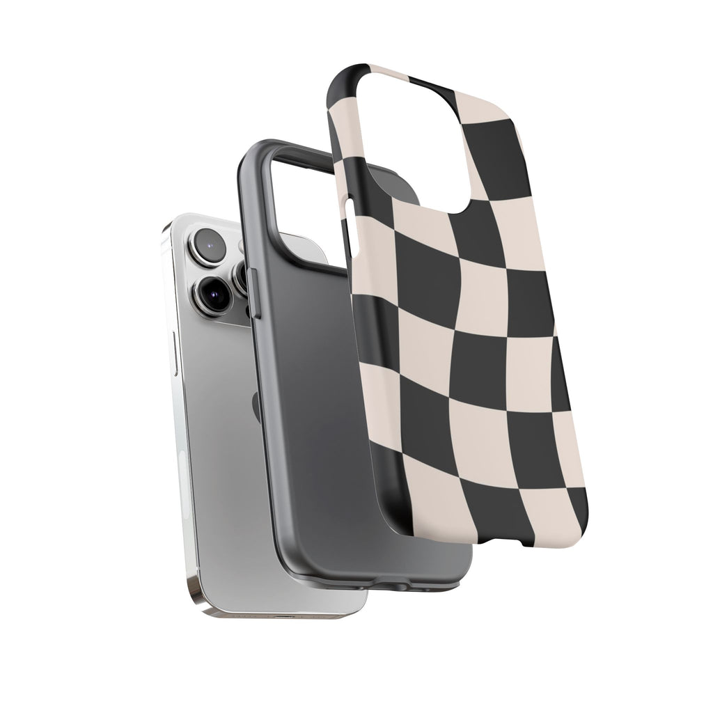 Black & White Wavy Checkered Phone Case — Black & Cream Retro Racing Pattern Tough Case