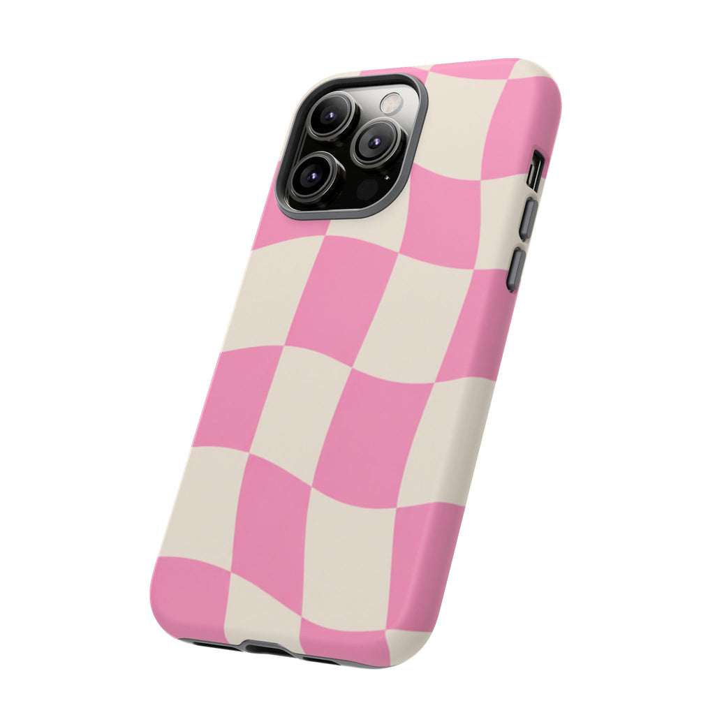 Pink Wavy Checkered Tough Phone Case — Retro Distorted Checkerboard Design