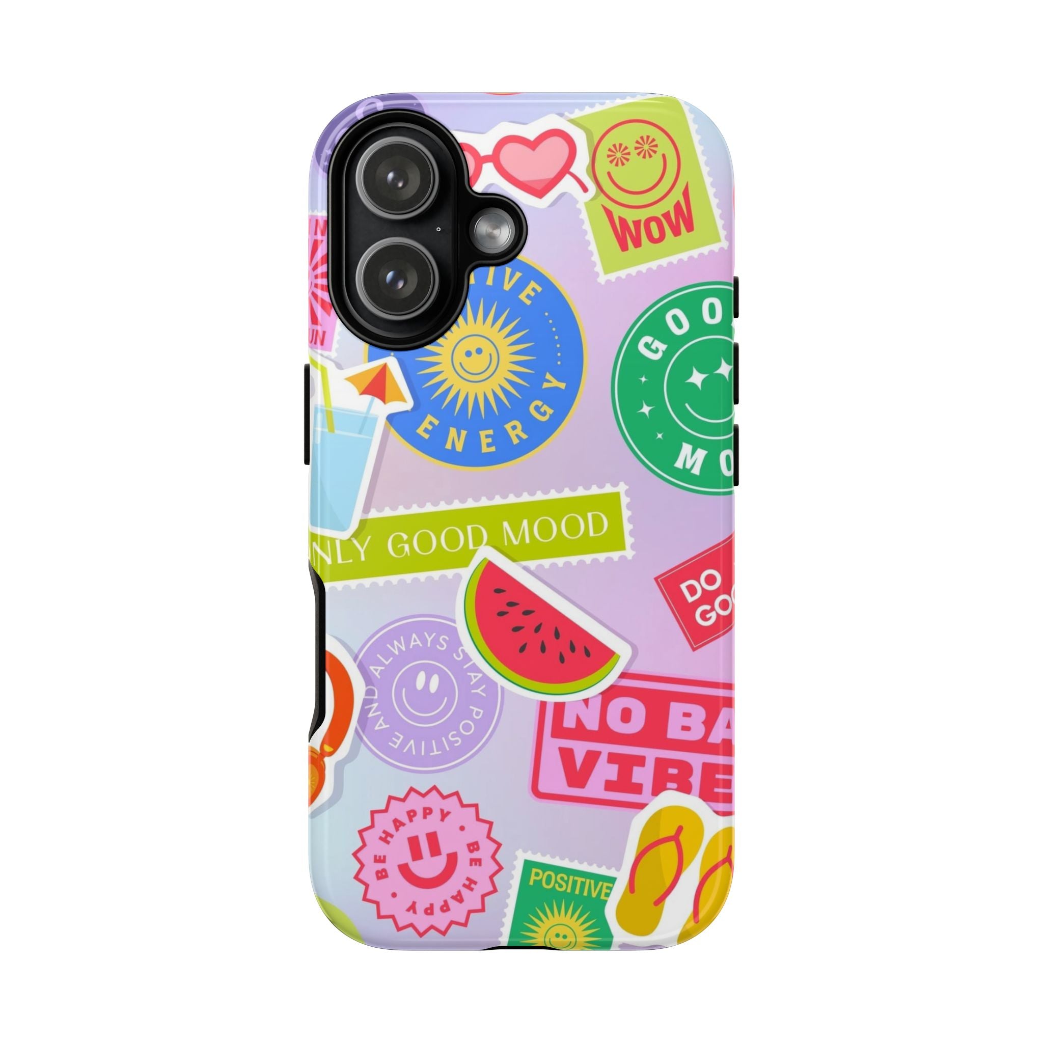 Good Vibes Only — Colorful Sticker Collage "No Bad Vibes" iPhone Case