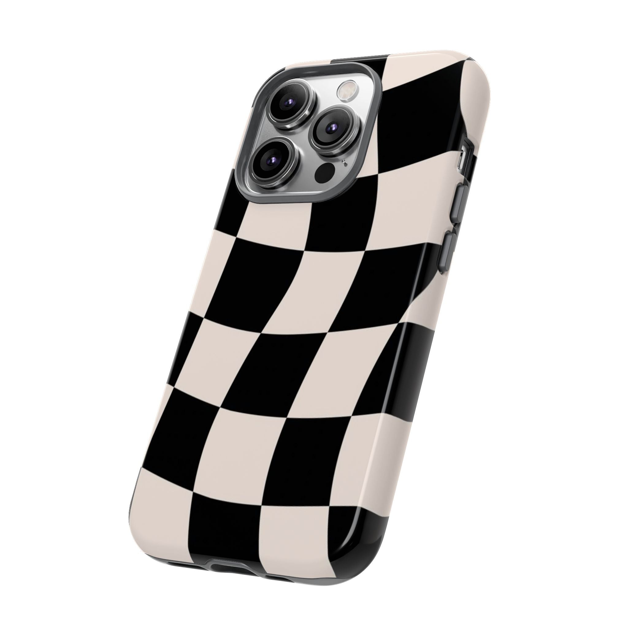 Black & White Wavy Checkered Phone Case — Black & Cream Retro Racing Pattern Tough Case