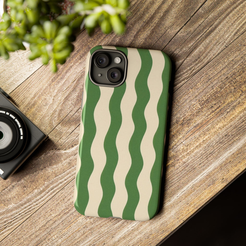Wavy Green Stripe Phone Case — Retro Minimalist Tough Case