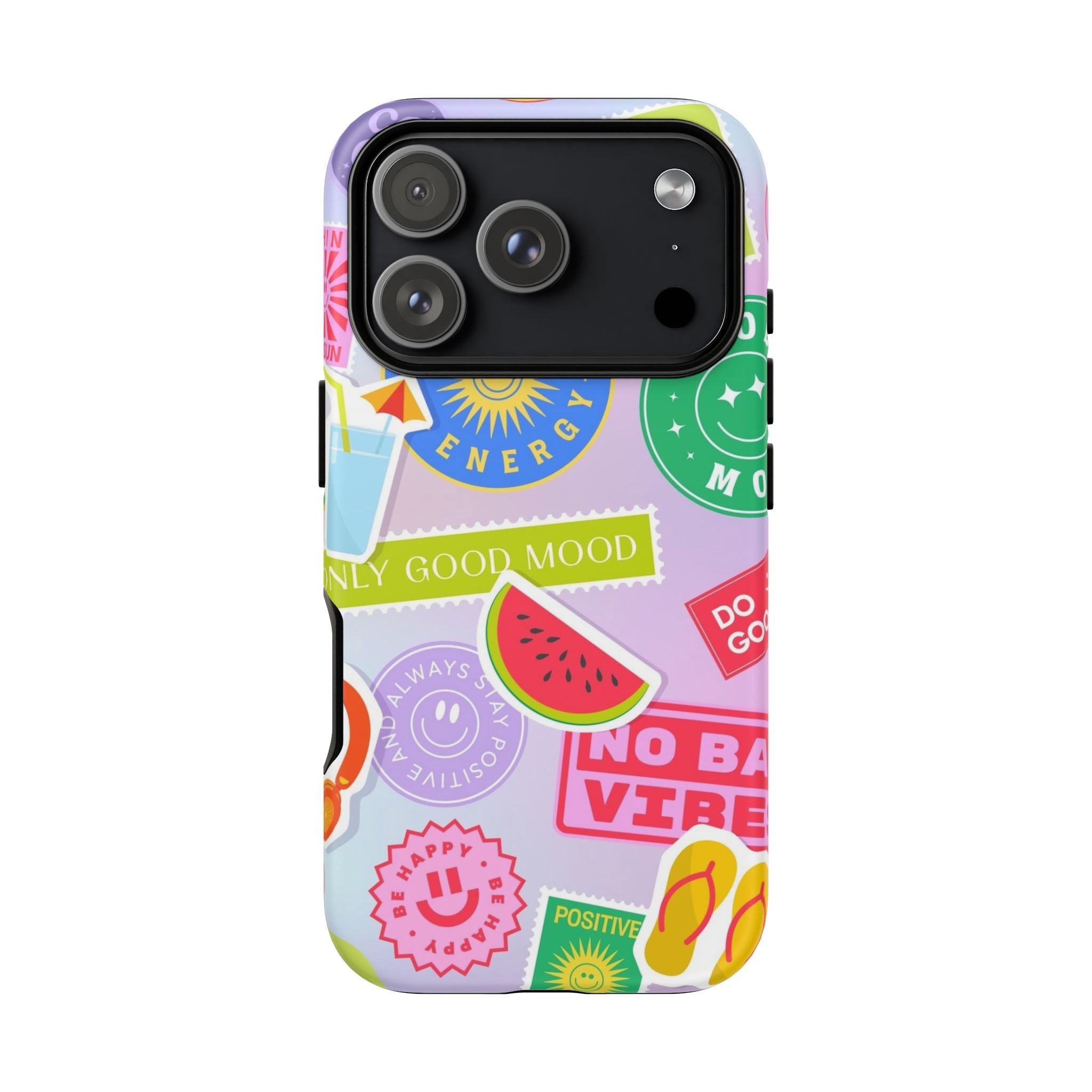 Good Vibes Only — Colorful Sticker Collage "No Bad Vibes" iPhone Case