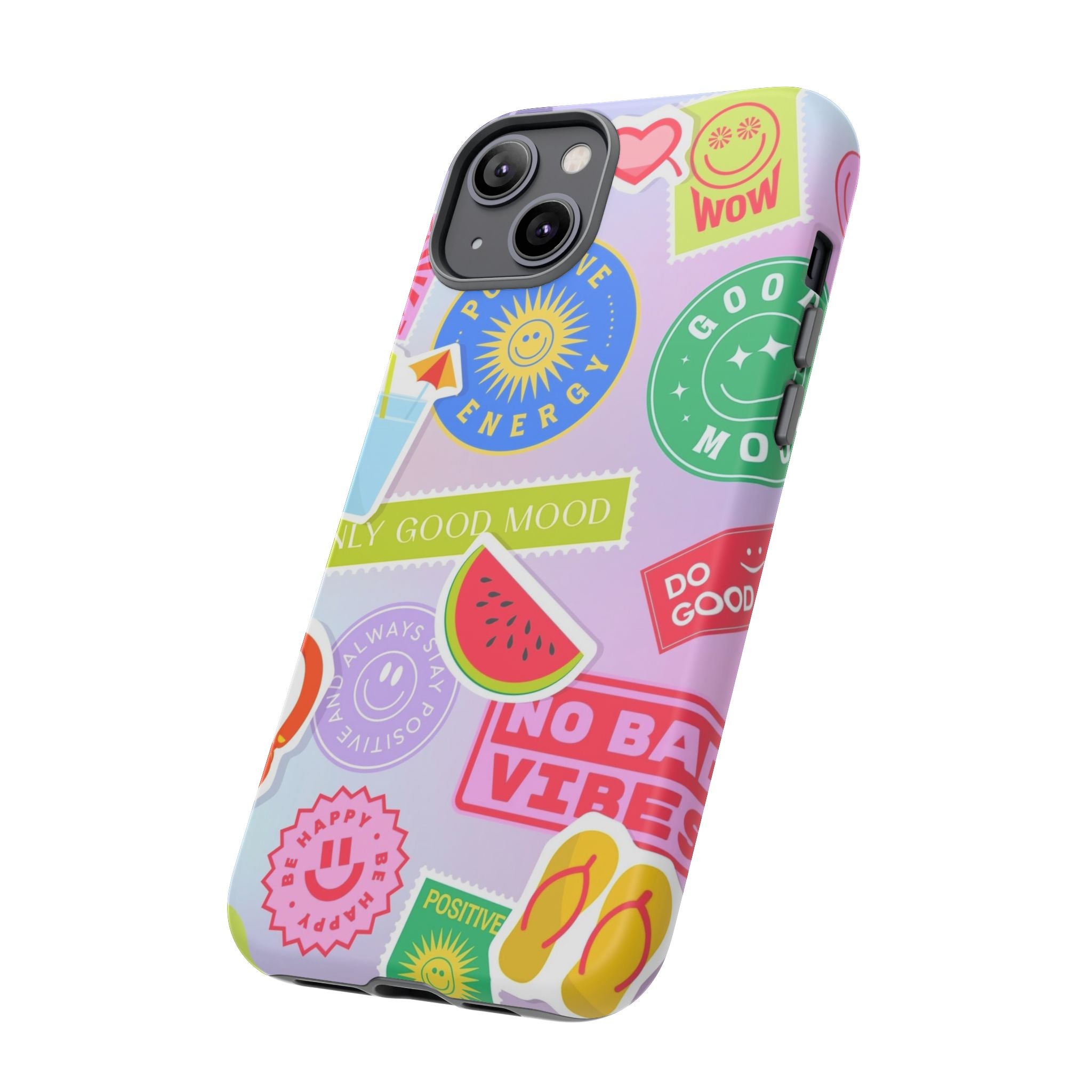 Good Vibes Only — Colorful Sticker Collage "No Bad Vibes" iPhone Case