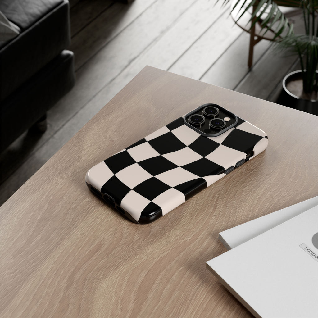 Black & White Wavy Checkered Phone Case — Black & Cream Retro Racing Pattern Tough Case