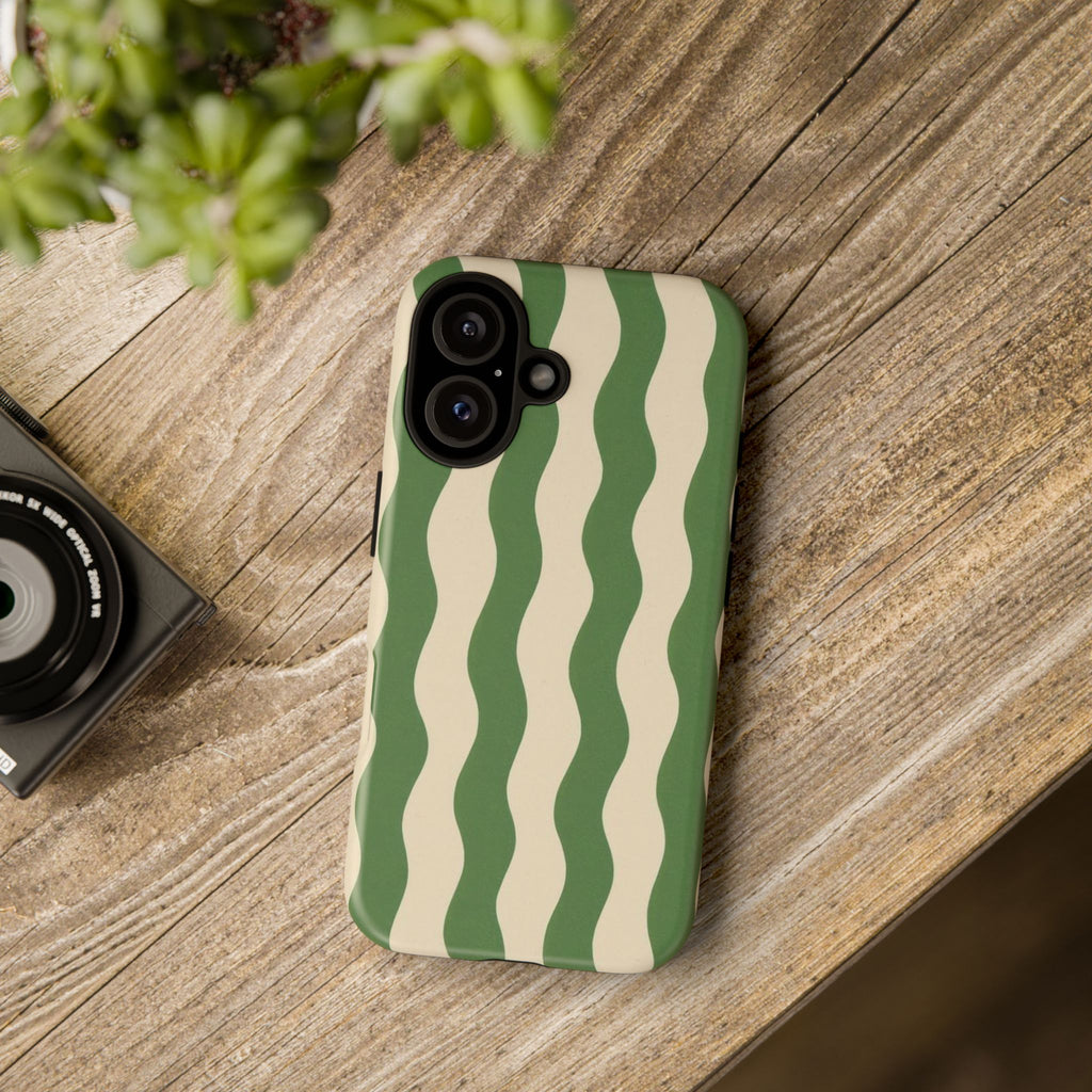 Wavy Green Stripe Phone Case — Retro Minimalist Tough Case