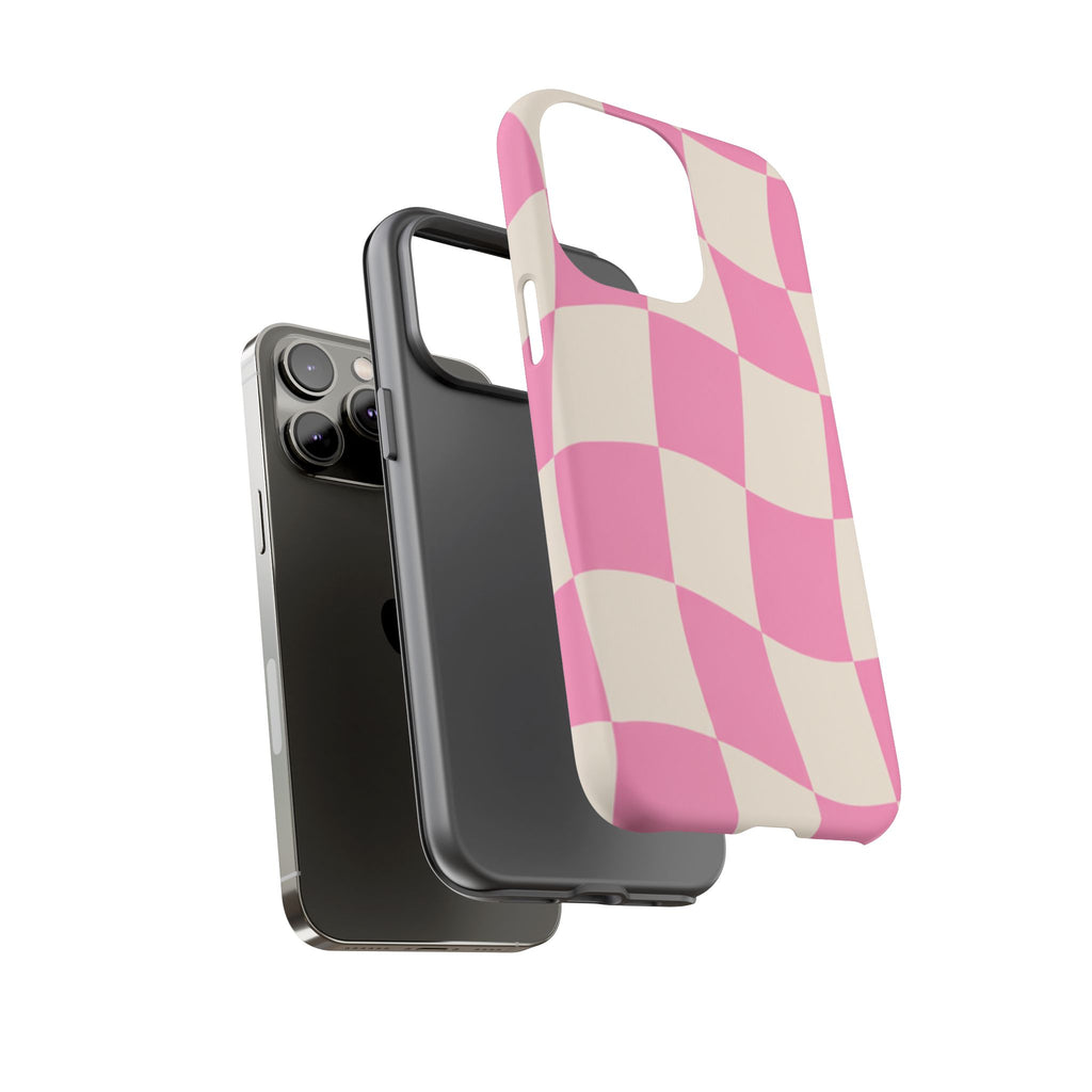 Pink Wavy Checkered Tough Phone Case — Retro Distorted Checkerboard Design