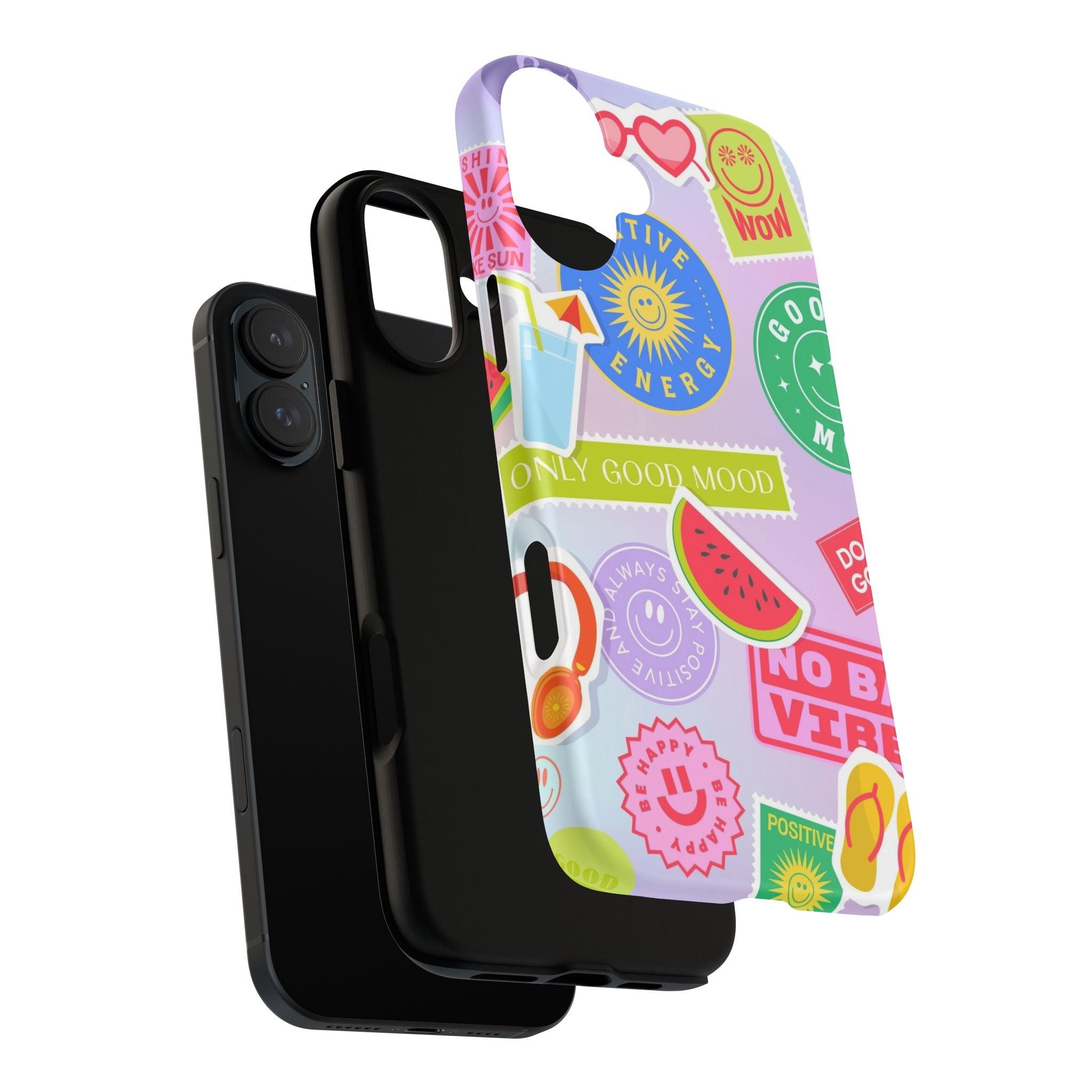 Good Vibes Only — Colorful Sticker Collage "No Bad Vibes" iPhone Case