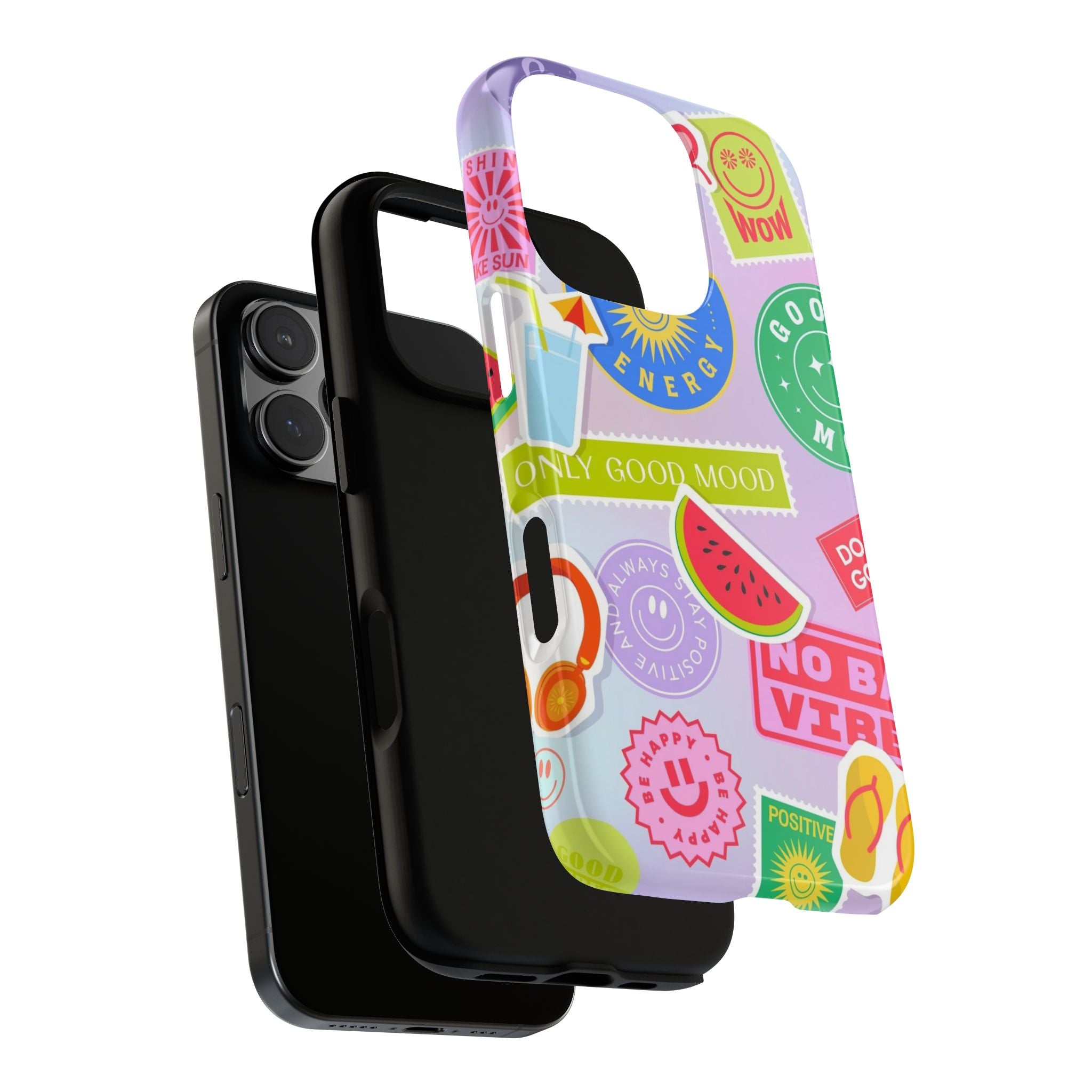 Good Vibes Only — Colorful Sticker Collage "No Bad Vibes" iPhone Case