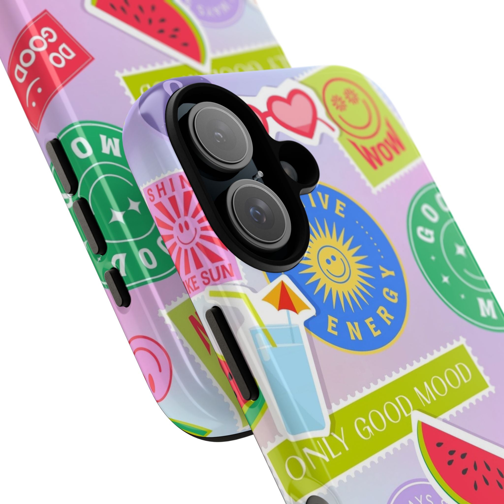 Good Vibes Only — Colorful Sticker Collage "No Bad Vibes" iPhone Case