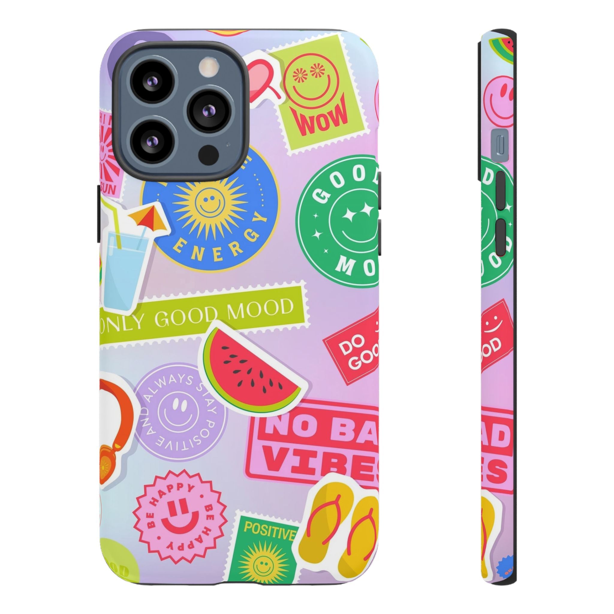 Good Vibes Only — Colorful Sticker Collage "No Bad Vibes" iPhone Case