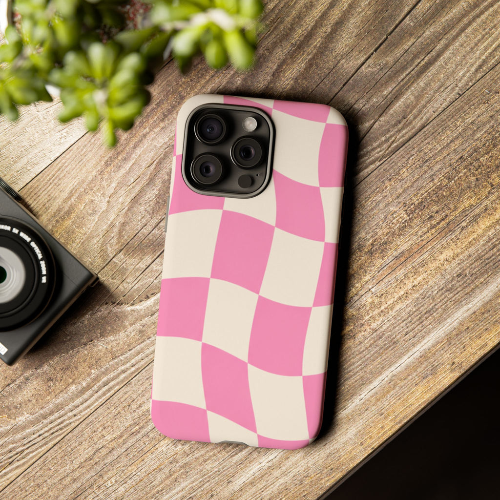 Pink Wavy Checkered Tough Phone Case — Retro Distorted Checkerboard Design