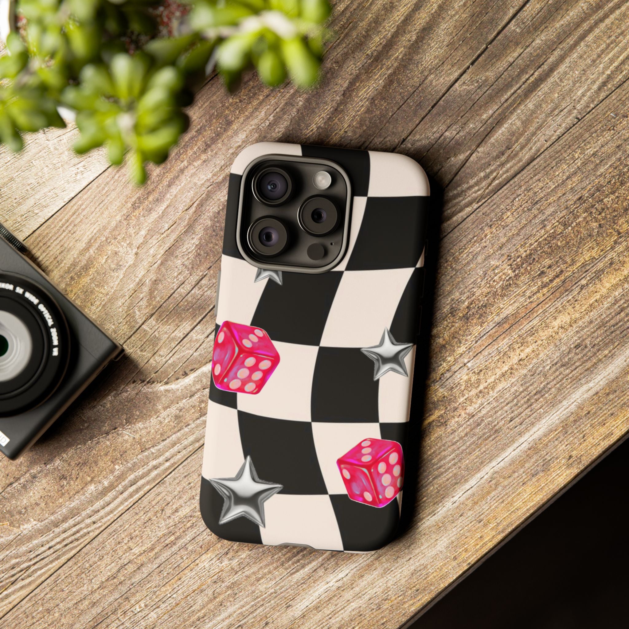 Black & White Checkerboard Dice — Retro Pink Dice & Silver Star iPhone Cover