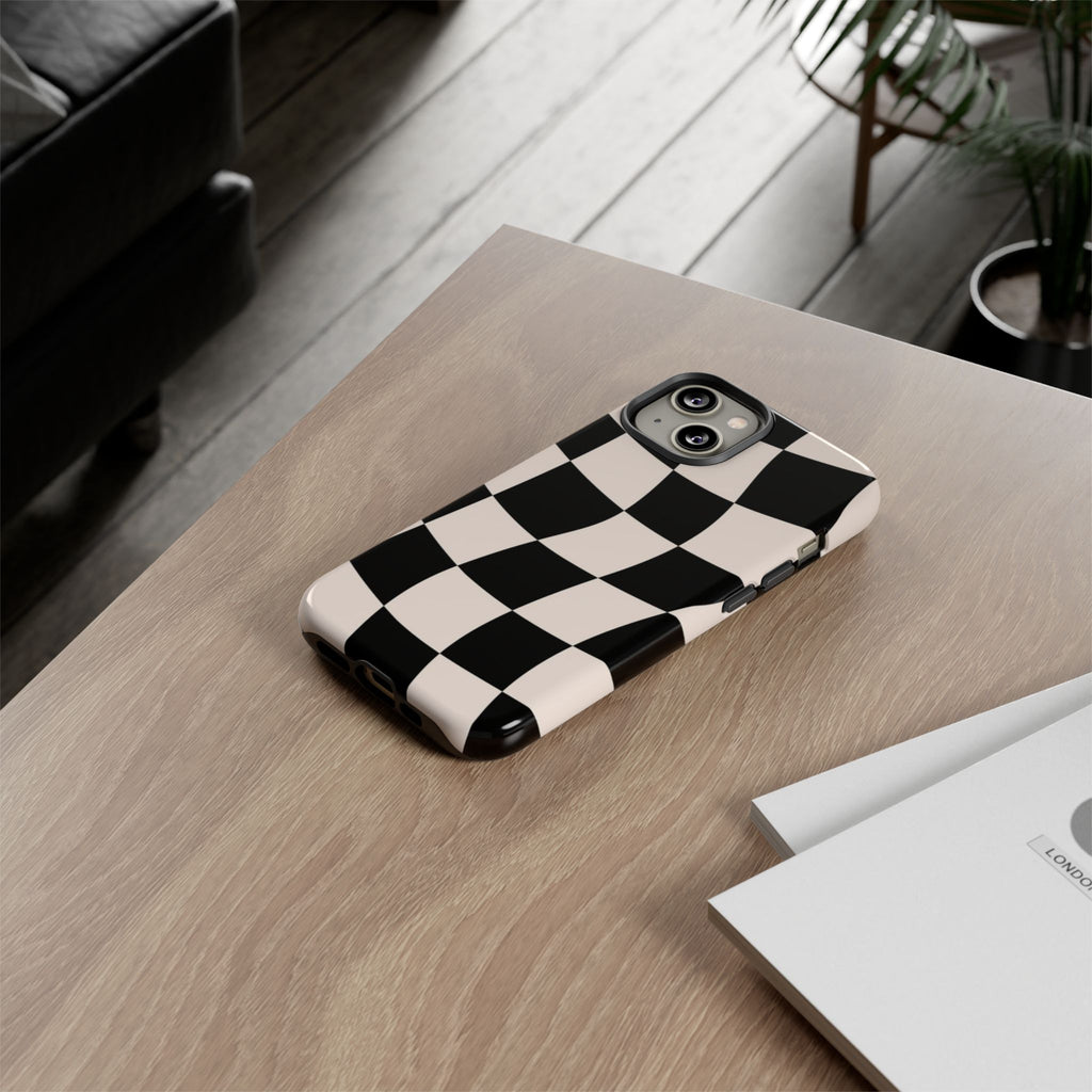 Black & White Wavy Checkered Phone Case — Black & Cream Retro Racing Pattern Tough Case