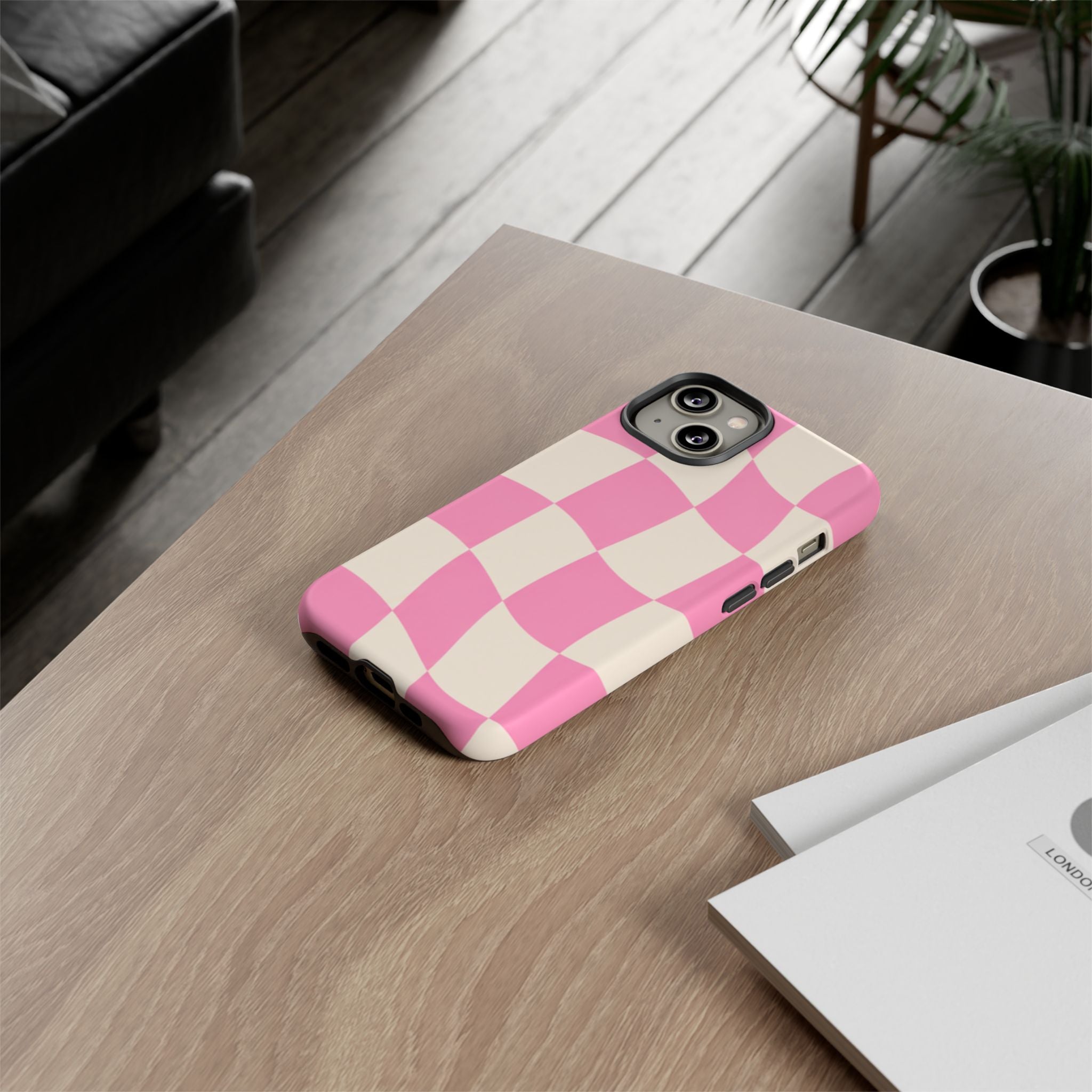 Pink Wavy Checkered Tough Phone Case — Retro Distorted Checkerboard Design