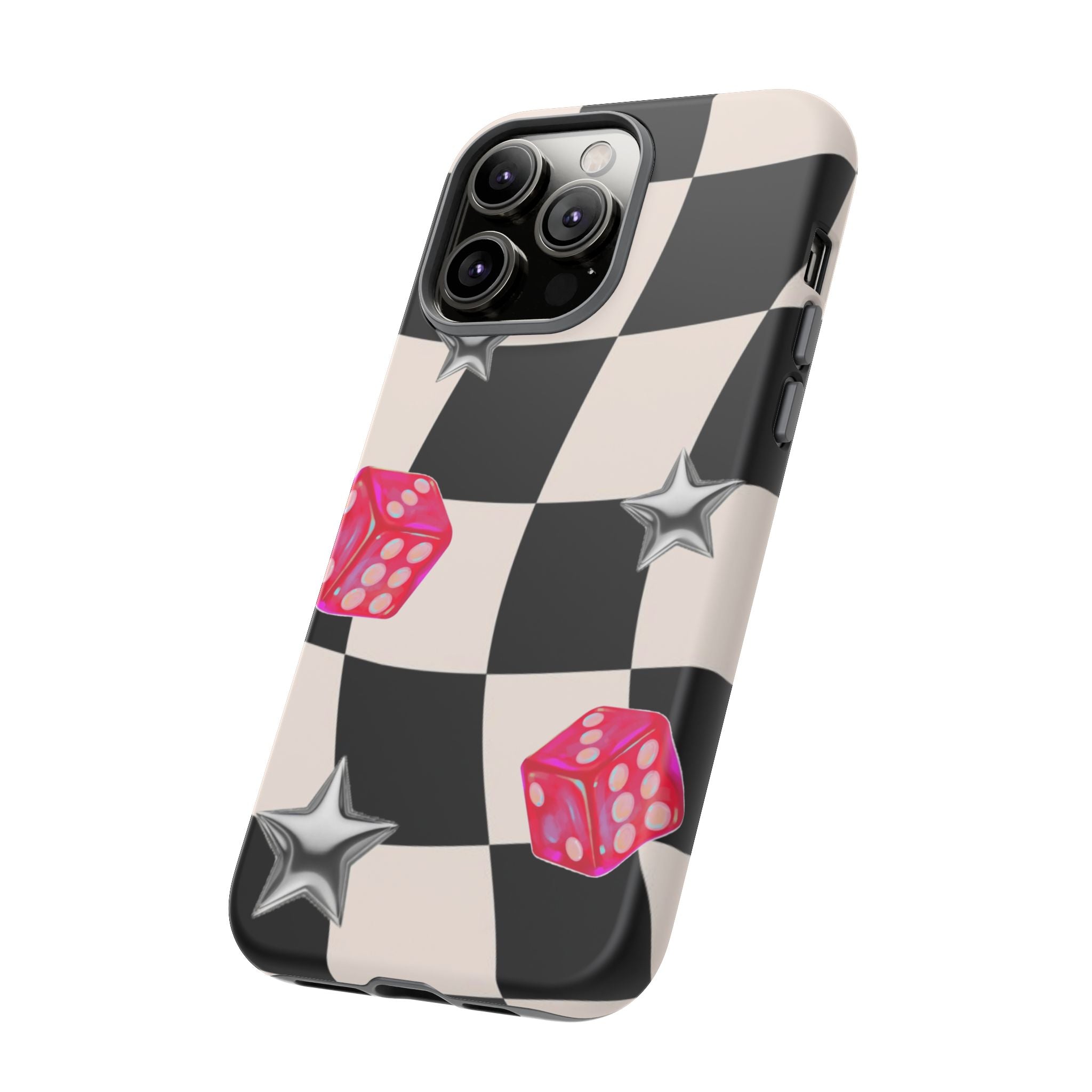 Black & White Checkerboard Dice — Retro Pink Dice & Silver Star iPhone Cover
