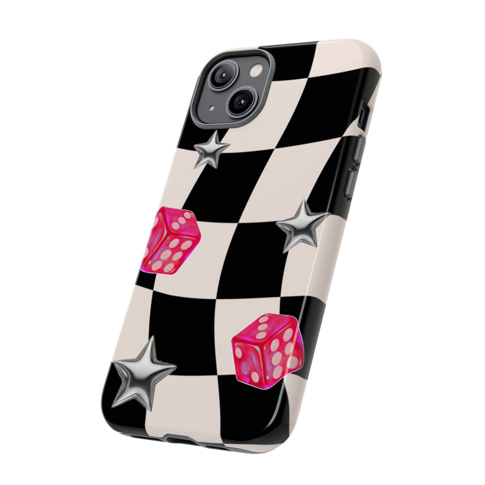 Black & White Checkerboard Dice — Retro Pink Dice & Silver Star iPhone Cover
