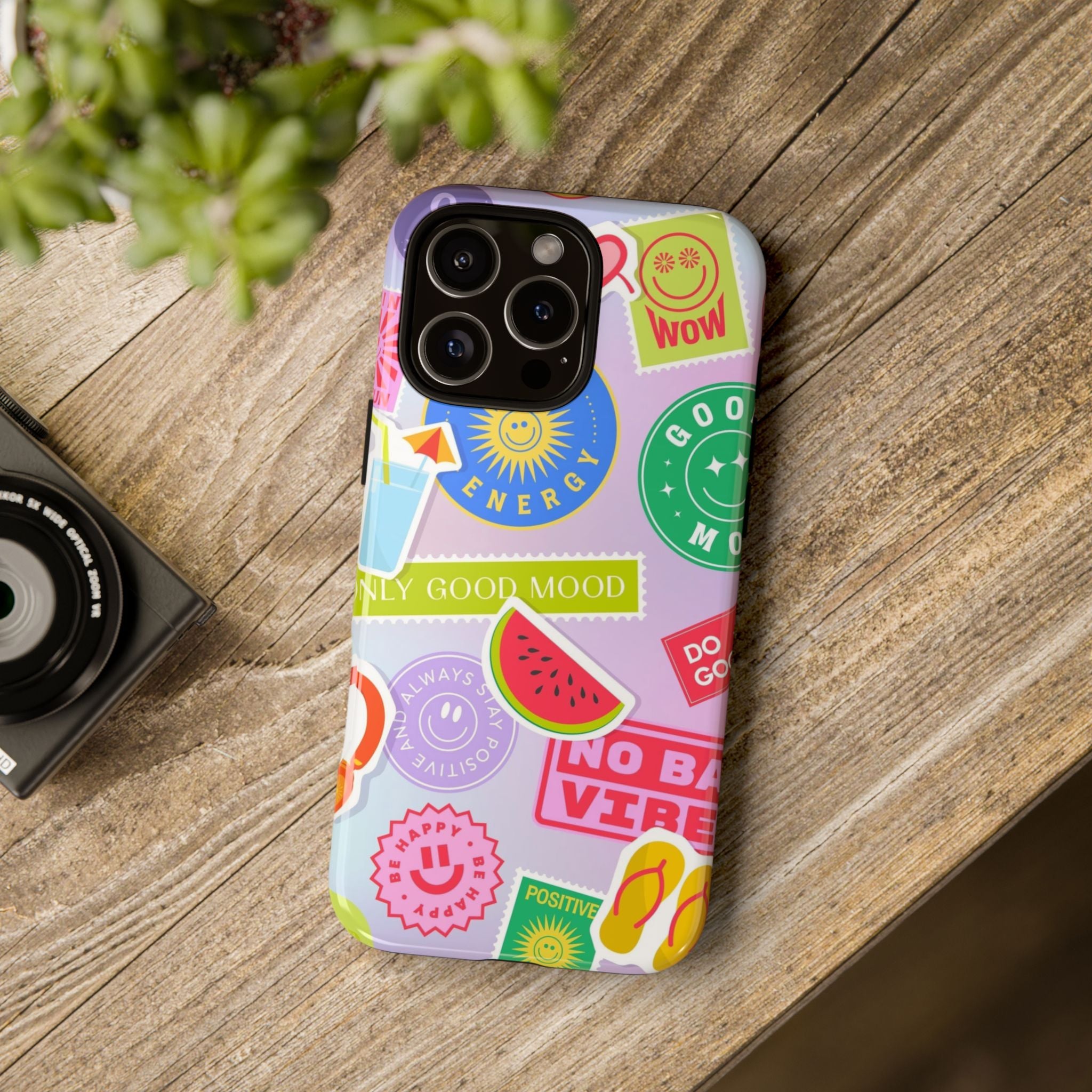 Good Vibes Only — Colorful Sticker Collage "No Bad Vibes" iPhone Case