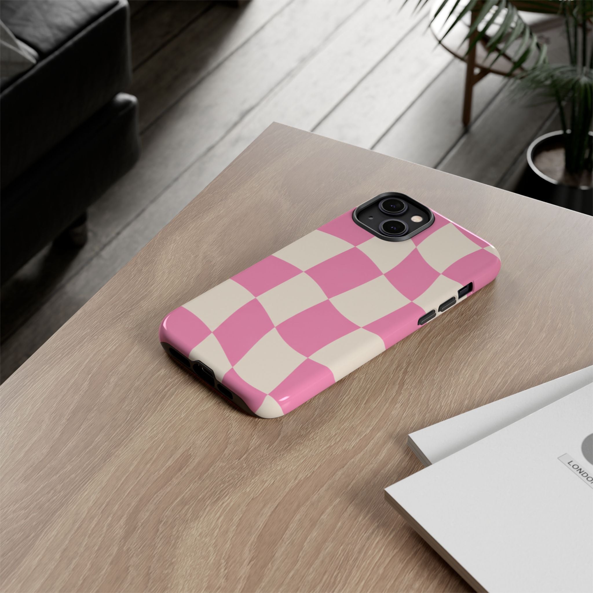 Pink Wavy Checkered Tough Phone Case — Retro Distorted Checkerboard Design