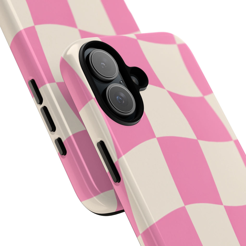 Pink Wavy Checkered Tough Phone Case — Retro Distorted Checkerboard Design