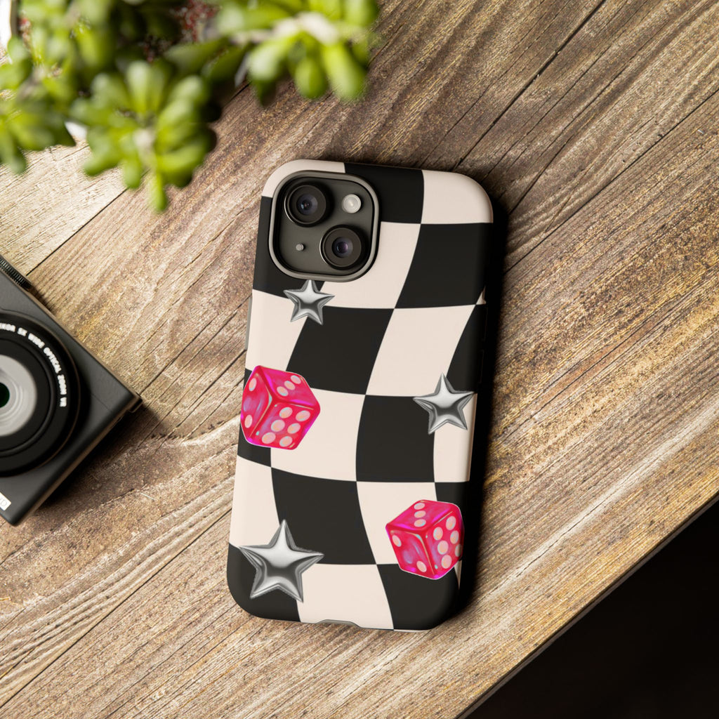 Black & White Checkerboard Dice — Retro Pink Dice & Silver Star iPhone Cover