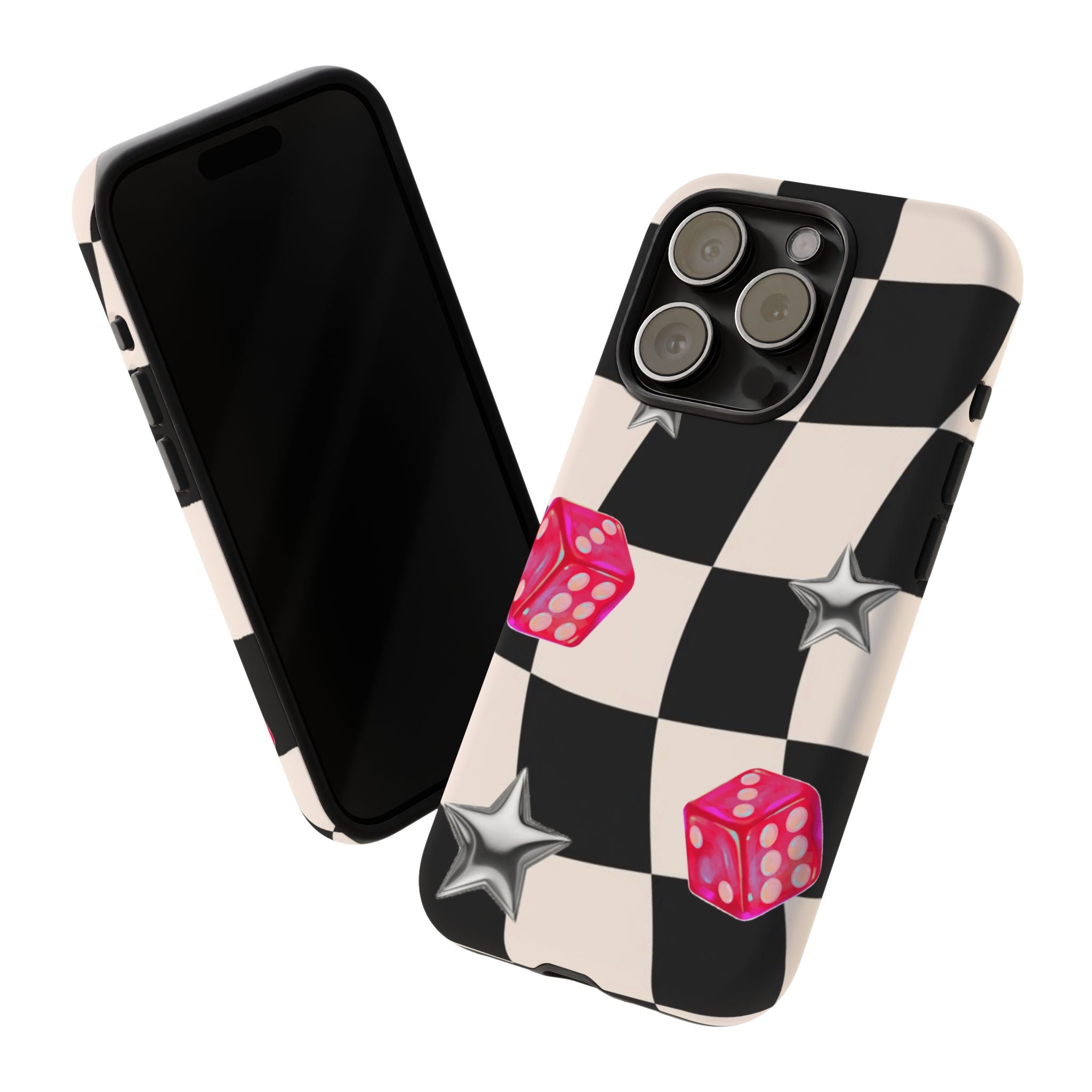 Black & White Checkerboard Dice — Retro Pink Dice & Silver Star iPhone Cover