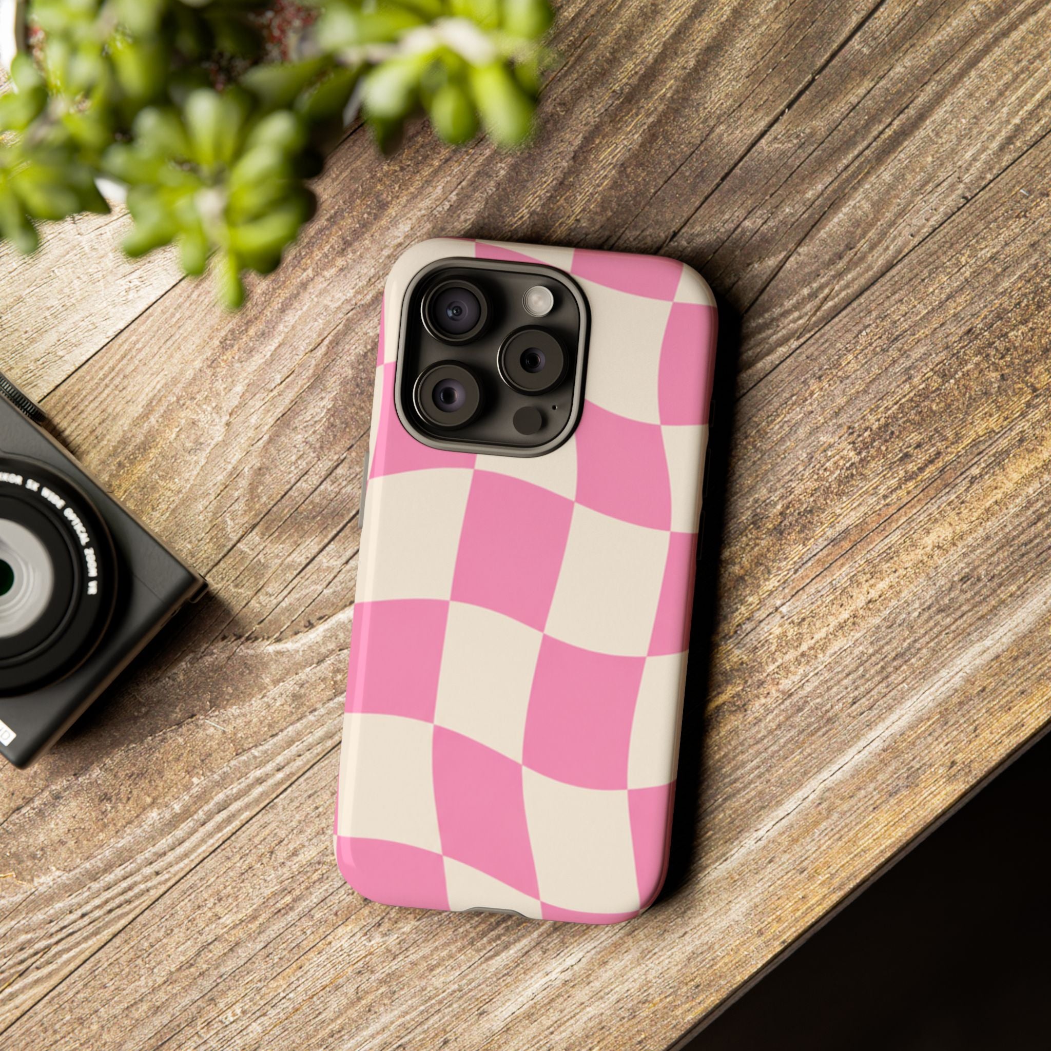 Pink Wavy Checkered Tough Phone Case — Retro Distorted Checkerboard Design