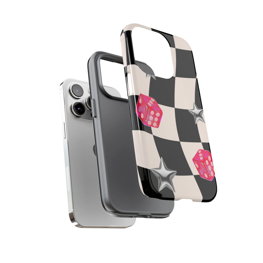 Black & White Checkerboard Dice — Retro Pink Dice & Silver Star iPhone Cover