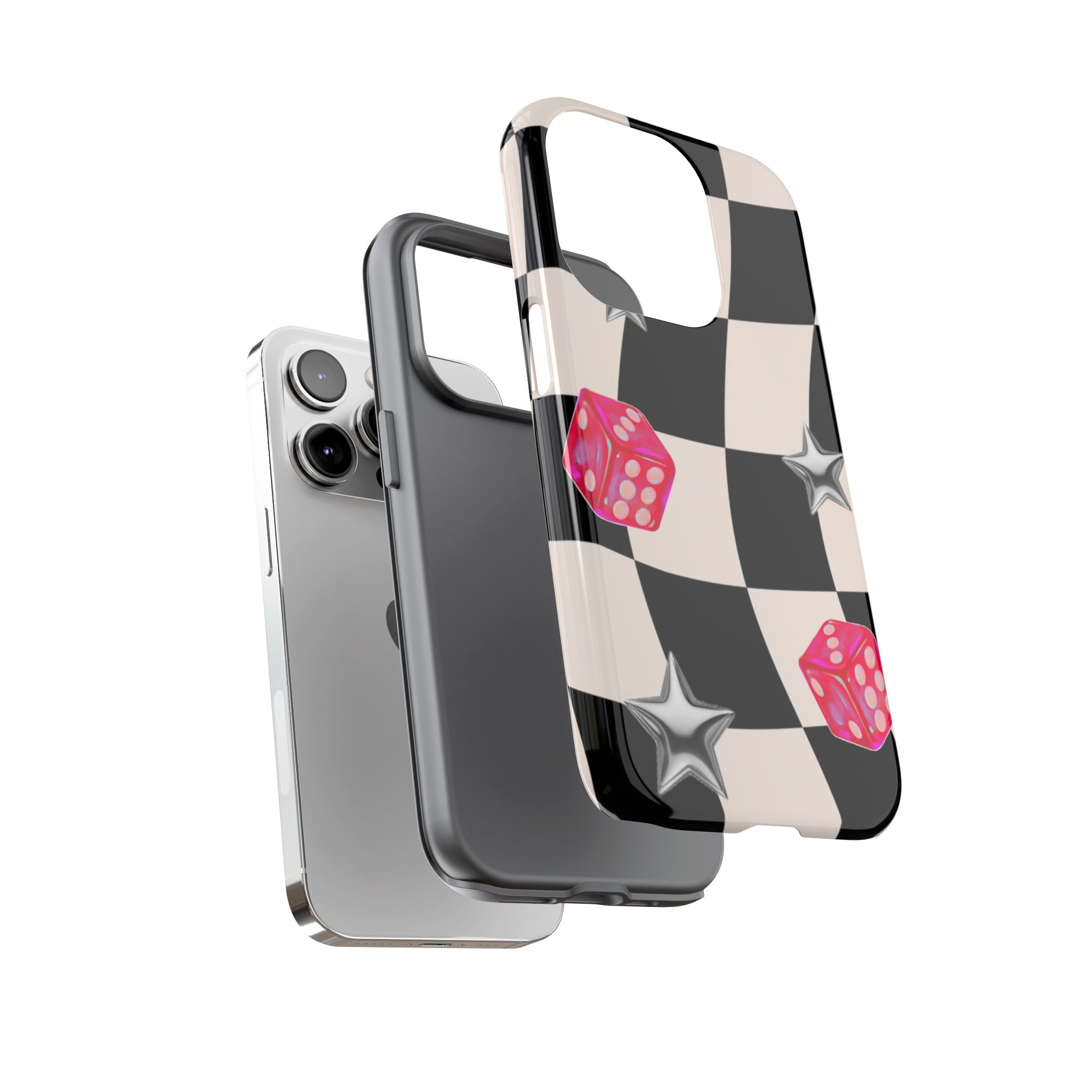 Black & White Checkerboard Dice — Retro Pink Dice & Silver Star iPhone Cover
