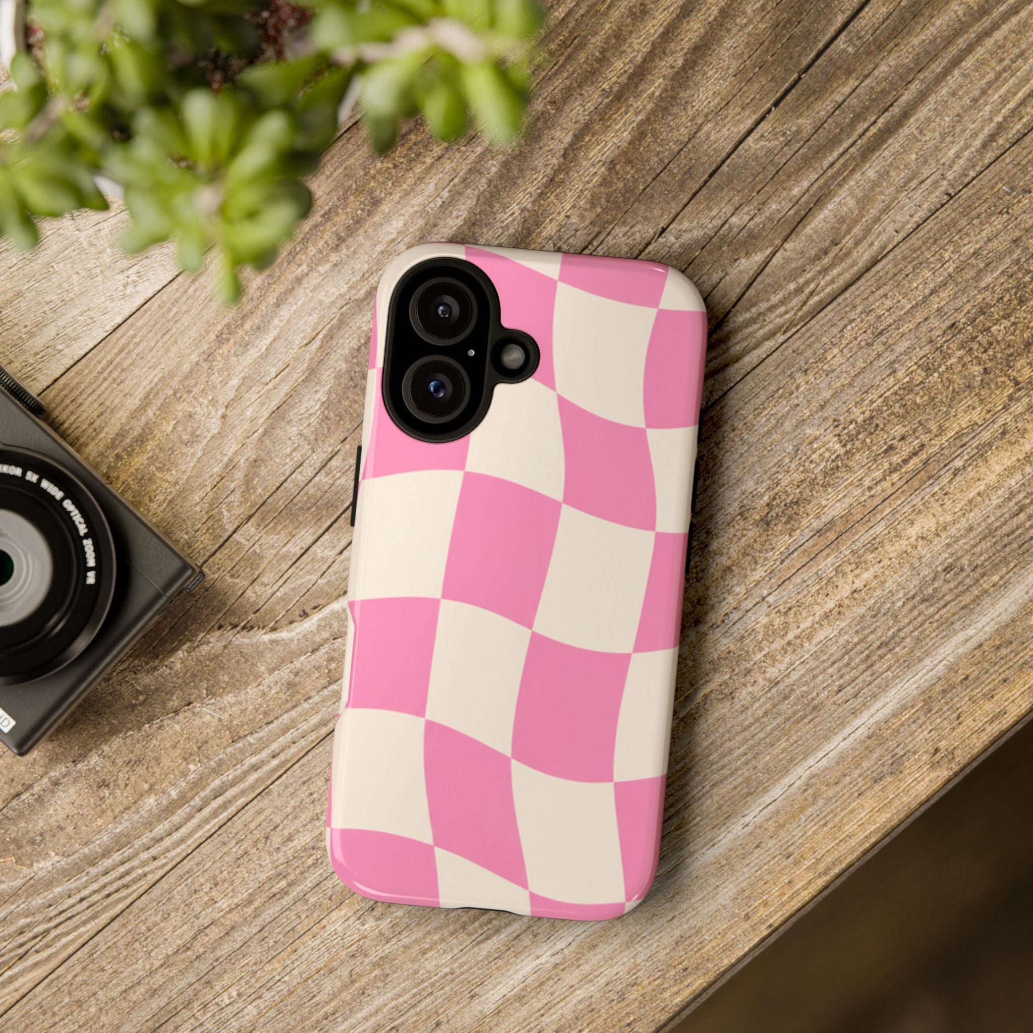 Pink Wavy Checkered Tough Phone Case — Retro Distorted Checkerboard Design