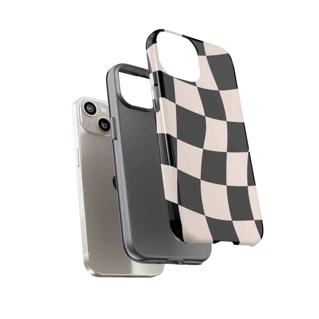 Black & White Wavy Checkered Phone Case — Black & Cream Retro Racing Pattern Tough Case