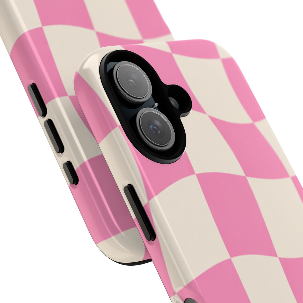 Pink Wavy Checkered Tough Phone Case — Retro Distorted Checkerboard Design