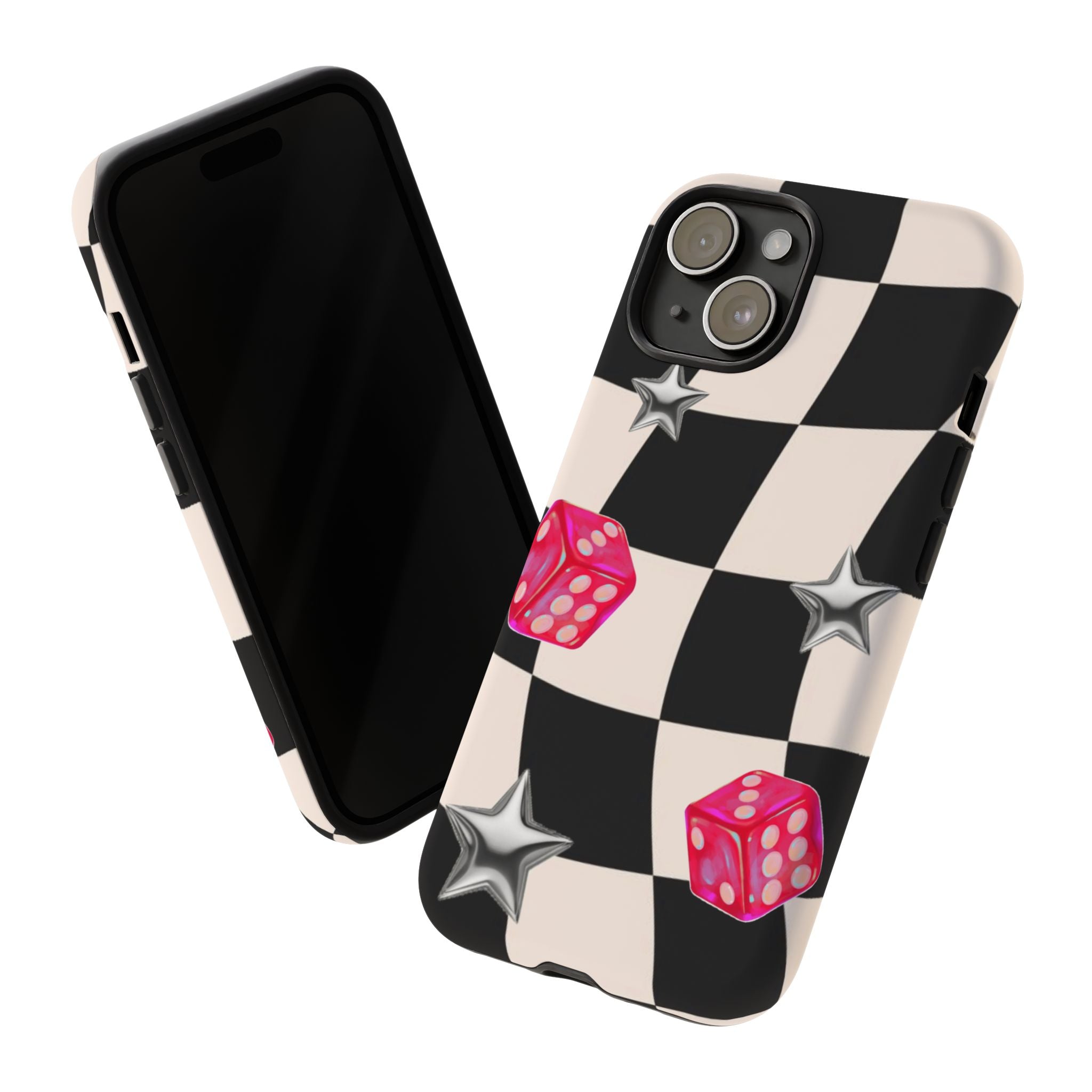 Black & White Checkerboard Dice — Retro Pink Dice & Silver Star iPhone Cover