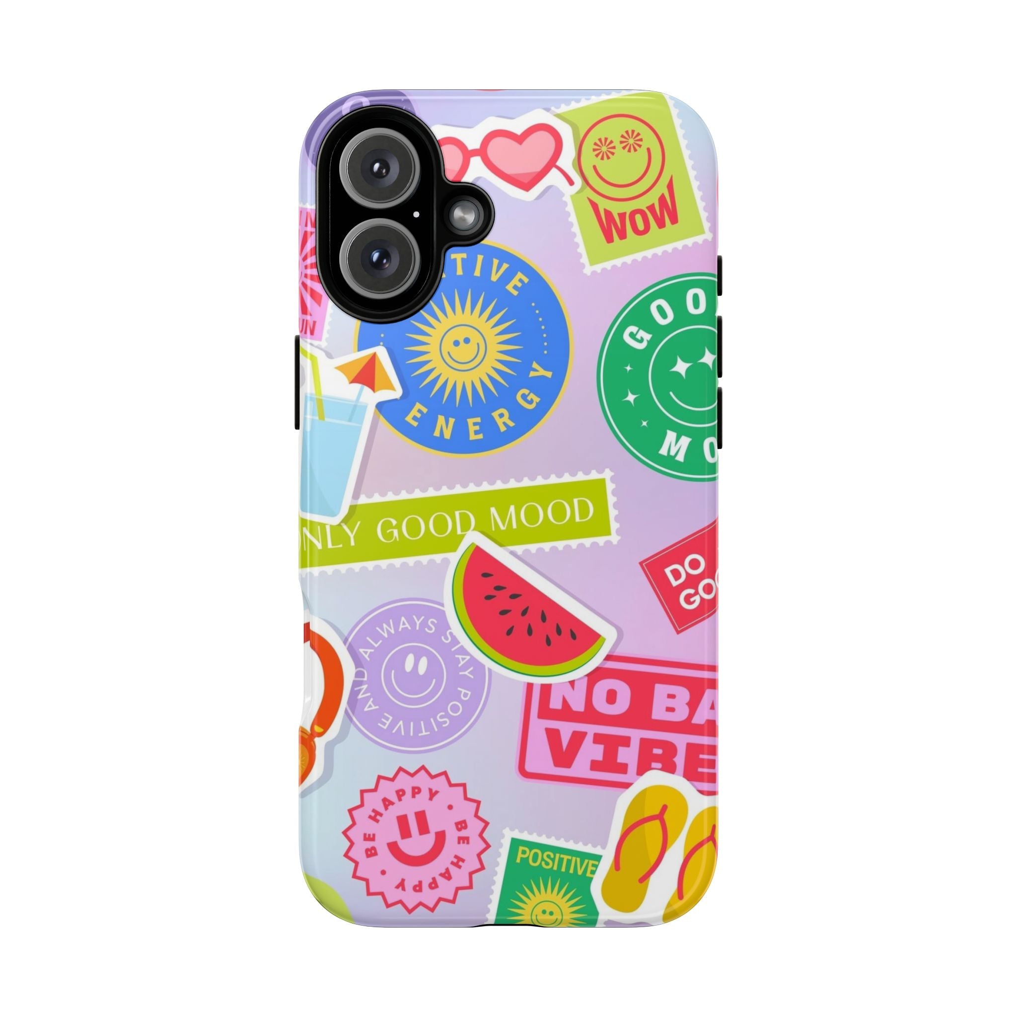 Good Vibes Only — Colorful Sticker Collage "No Bad Vibes" iPhone Case