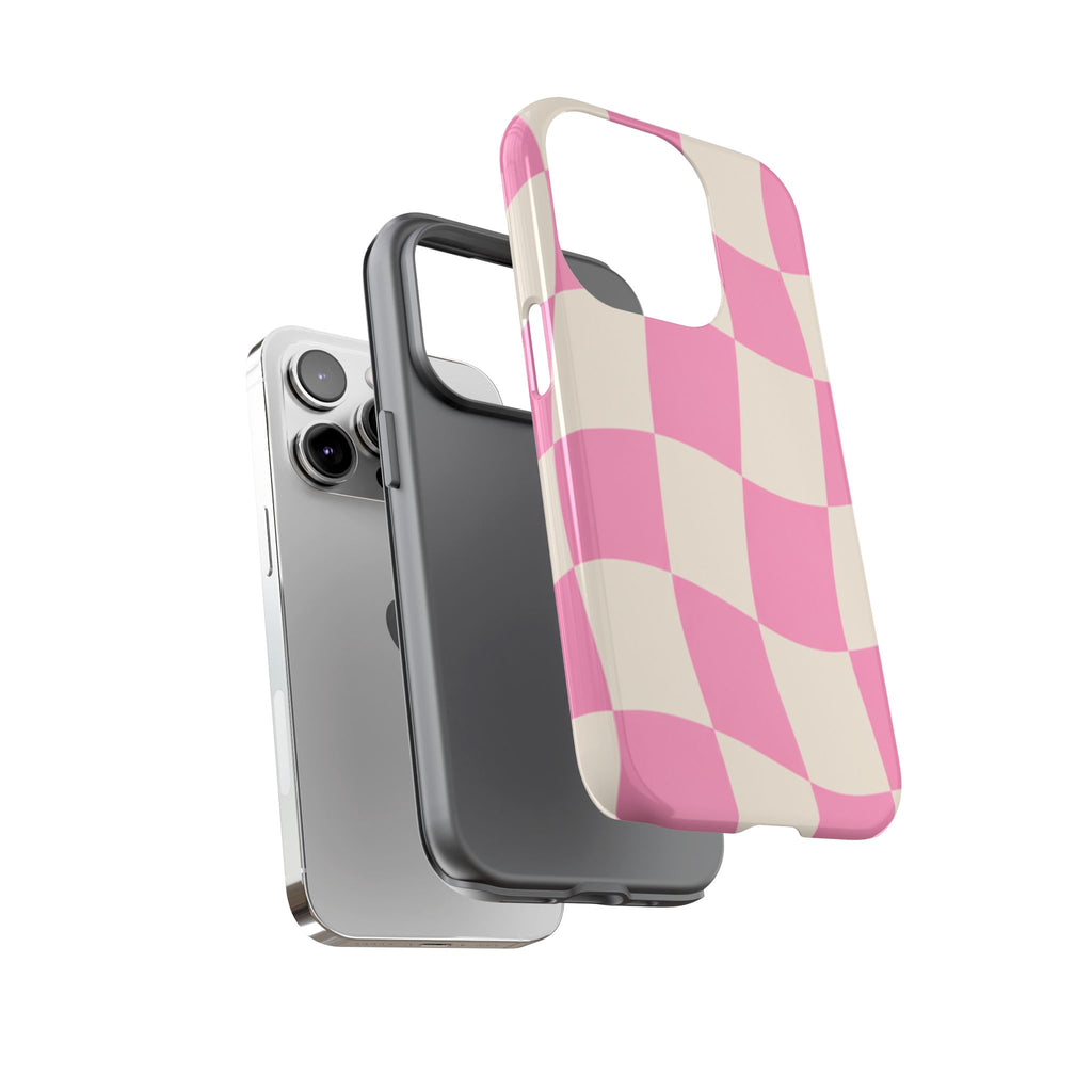 Pink Wavy Checkered Tough Phone Case — Retro Distorted Checkerboard Design