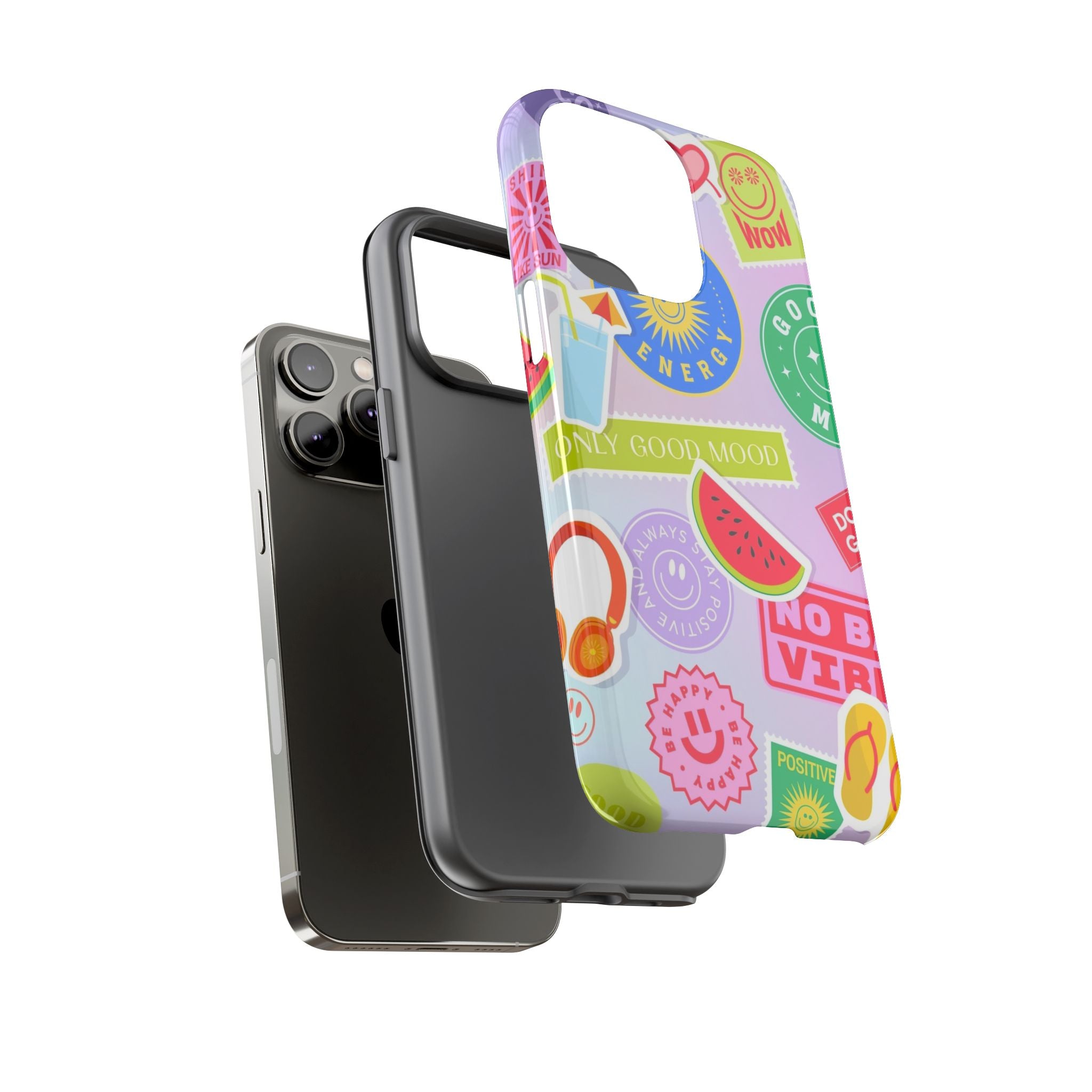 Good Vibes Only — Colorful Sticker Collage "No Bad Vibes" iPhone Case