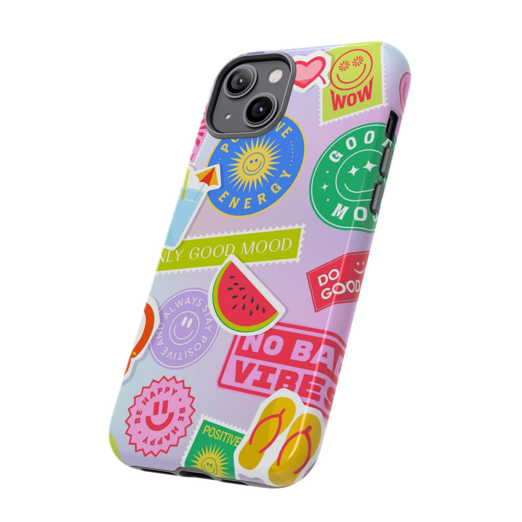 Good Vibes Only — Colorful Sticker Collage "No Bad Vibes" iPhone Case