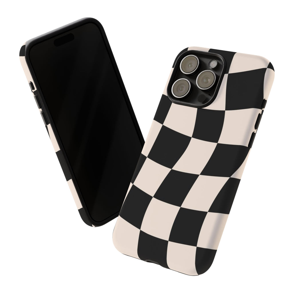 Black & White Wavy Checkered Phone Case — Black & Cream Retro Racing Pattern Tough Case