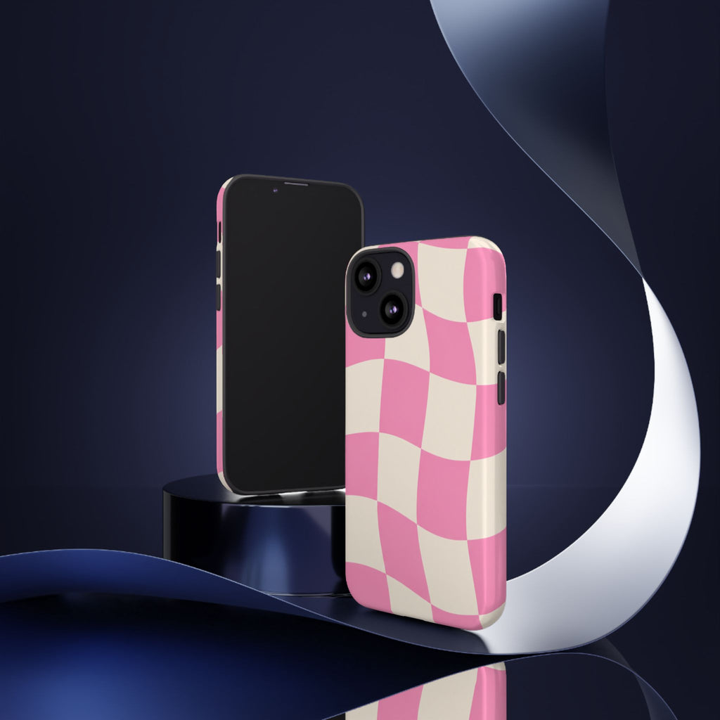 Pink Wavy Checkered Tough Phone Case — Retro Distorted Checkerboard Design