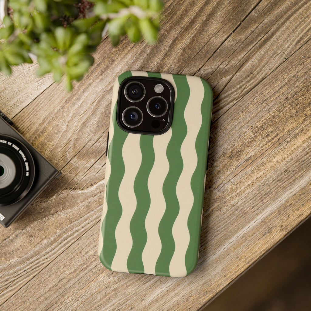 Wavy Green Stripe Phone Case — Retro Minimalist Tough Case