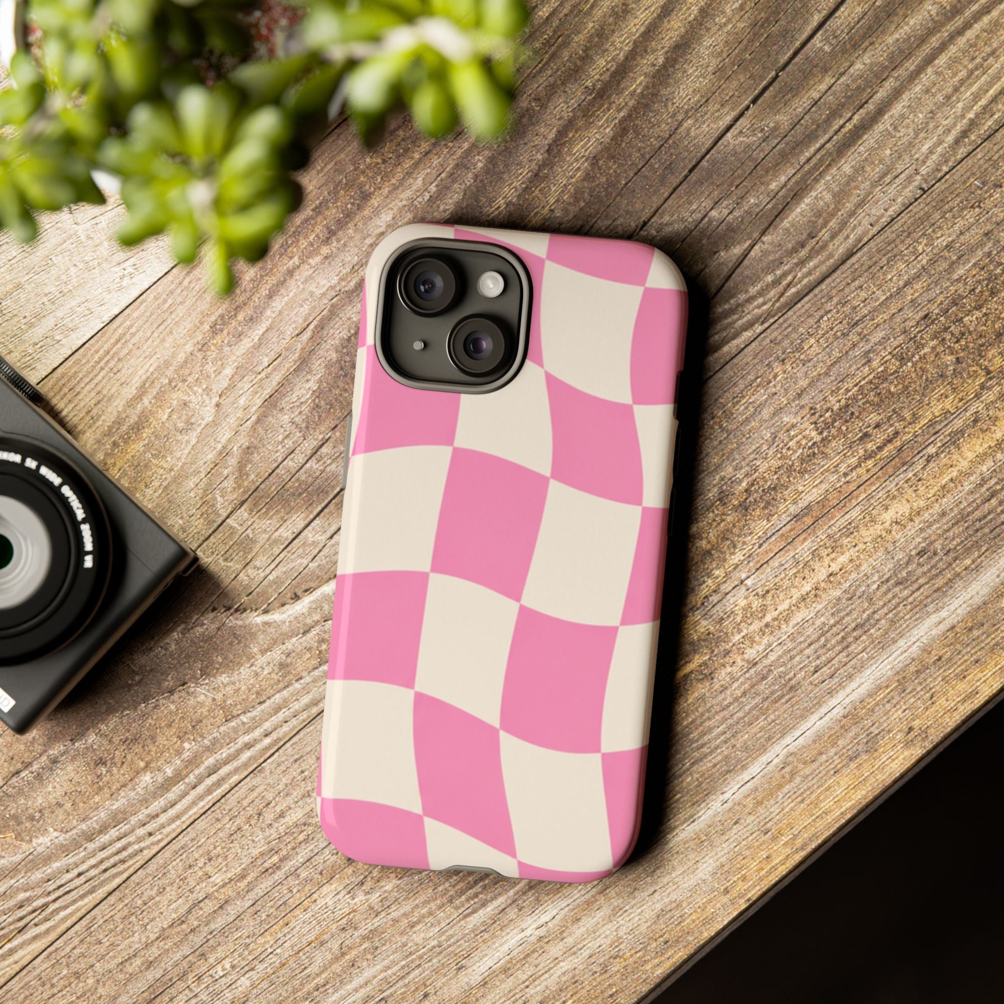 Pink Wavy Checkered Tough Phone Case — Retro Distorted Checkerboard Design