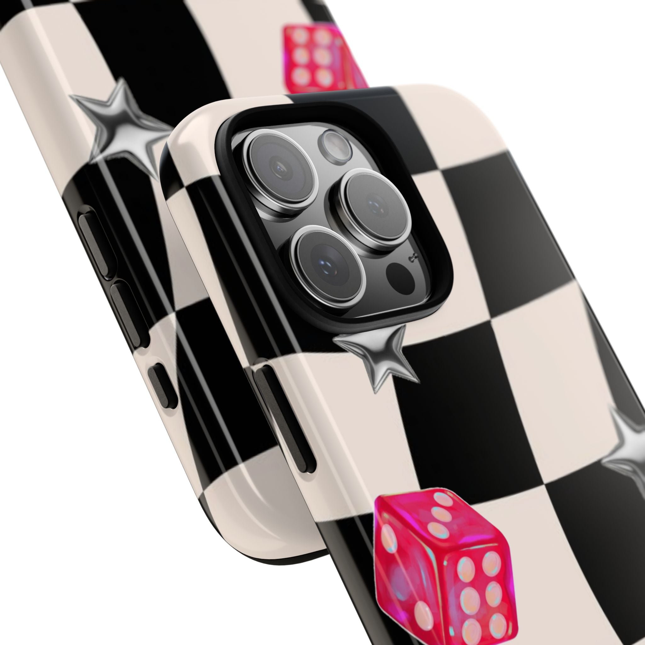Black & White Checkerboard Dice — Retro Pink Dice & Silver Star iPhone Cover