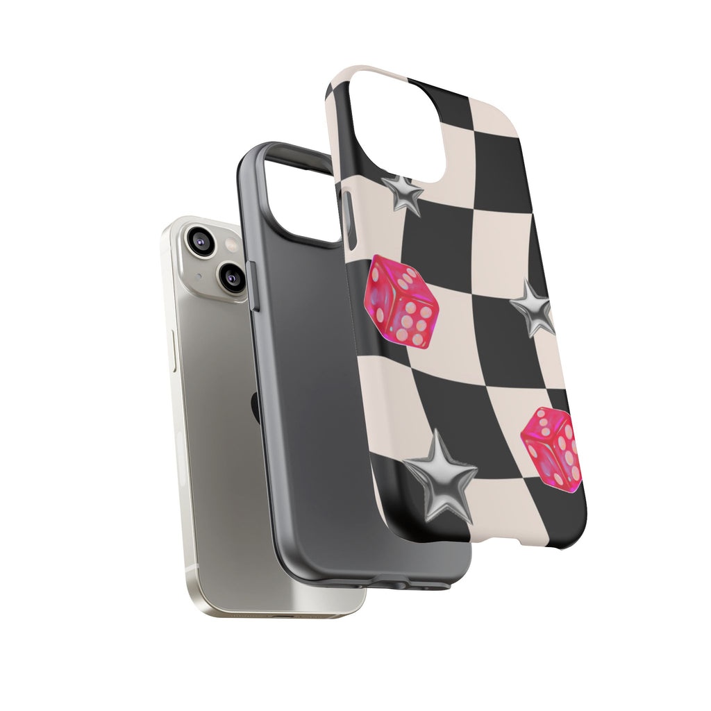 Black & White Checkerboard Dice — Retro Pink Dice & Silver Star iPhone Cover