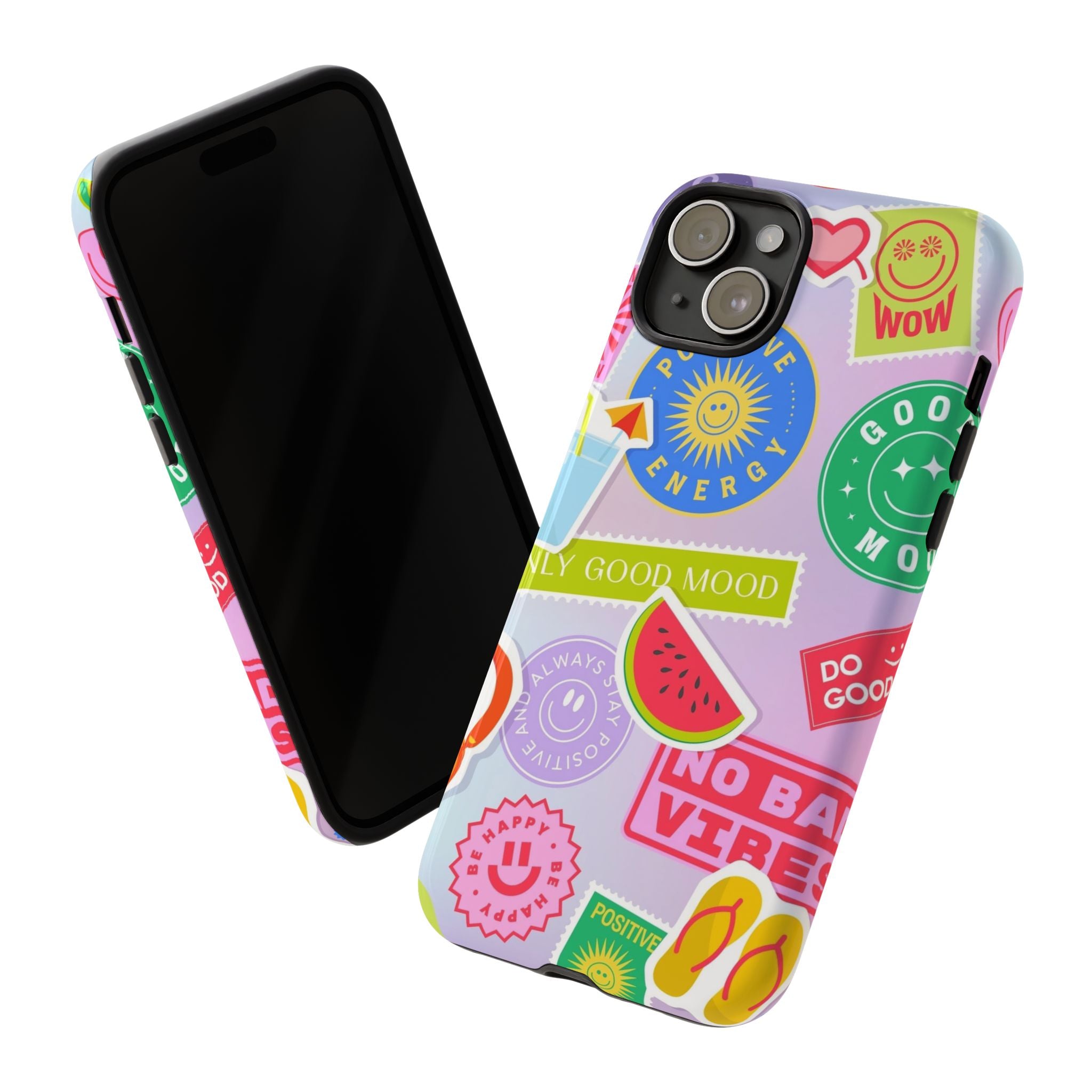 Good Vibes Only — Colorful Sticker Collage "No Bad Vibes" iPhone Case
